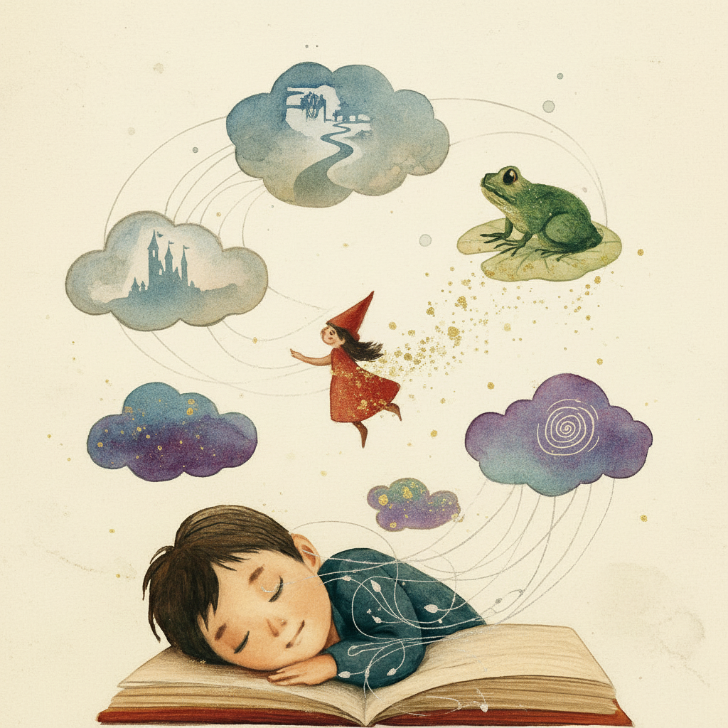 an evocative illustration representing dreams, short stories, and fairytales with a hidden meaning, without any text, abstract and imaginative style